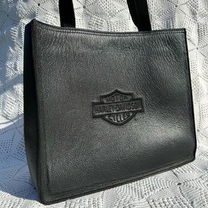Harley Davidson Vintage Square Black Leather Embroidered Tote Shoulder Bag Open